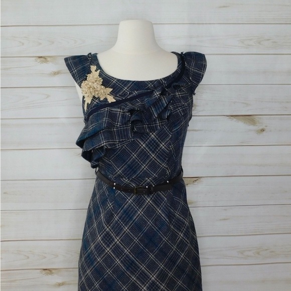 Anthro Floreat Wool Tweed Plaid Ruffle Neckline Pencil Sheath Dress - Picture 6 of 12